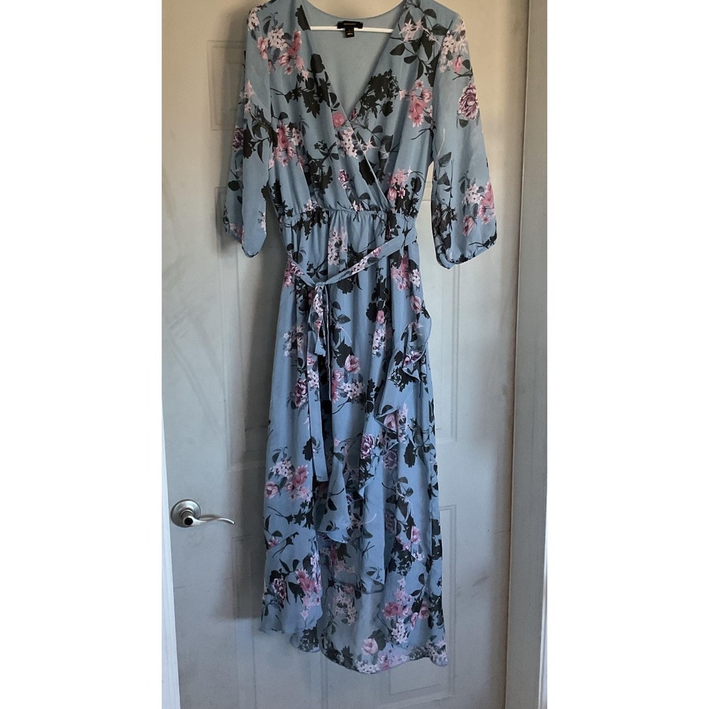Espresso Dress Womens Large Blue Floral Wrap Maxi‎ Ruffle Chiffon Lined V Neck